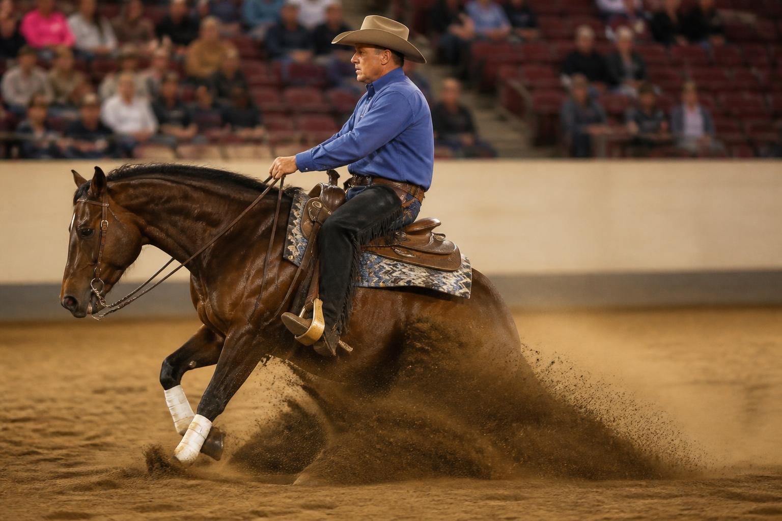 Cavalier western réalisant un arrêt glissé en reining sur un Quarter Horse