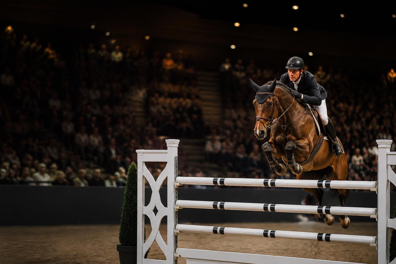Cavalier et cheval au saut d'un oxer dans une arène de concours international couverte