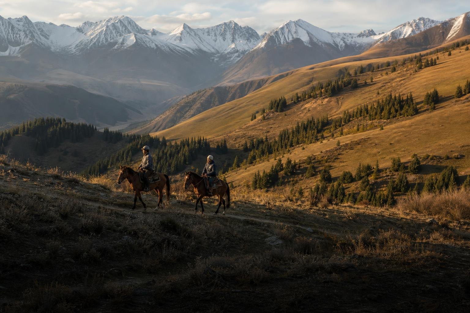 Cavaliers en randonnée équestre dans les montagnes du Tian Shan au Kirghizistan