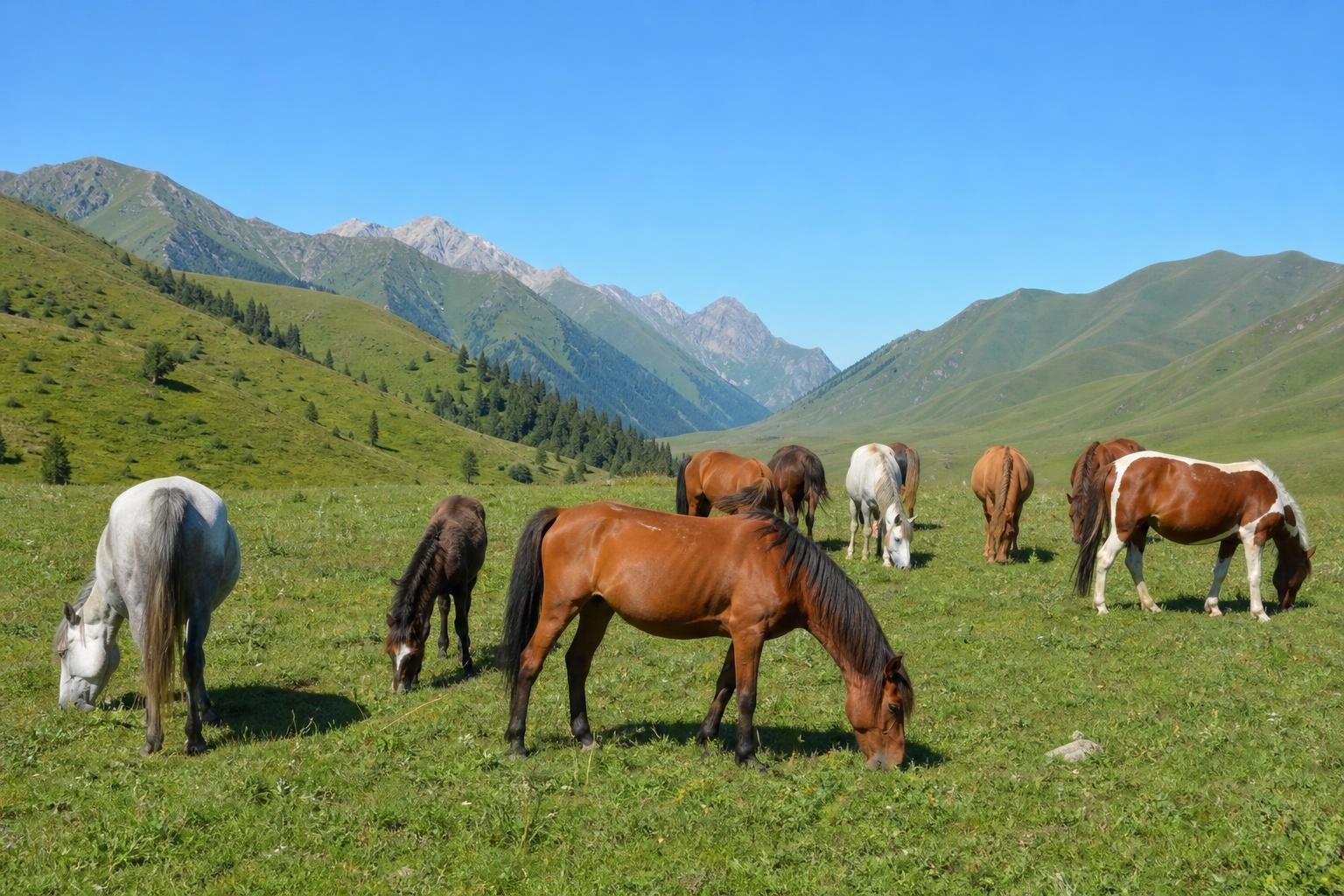 Troupeau de chevaux kirghizes en liberté dans un alpage de montagne