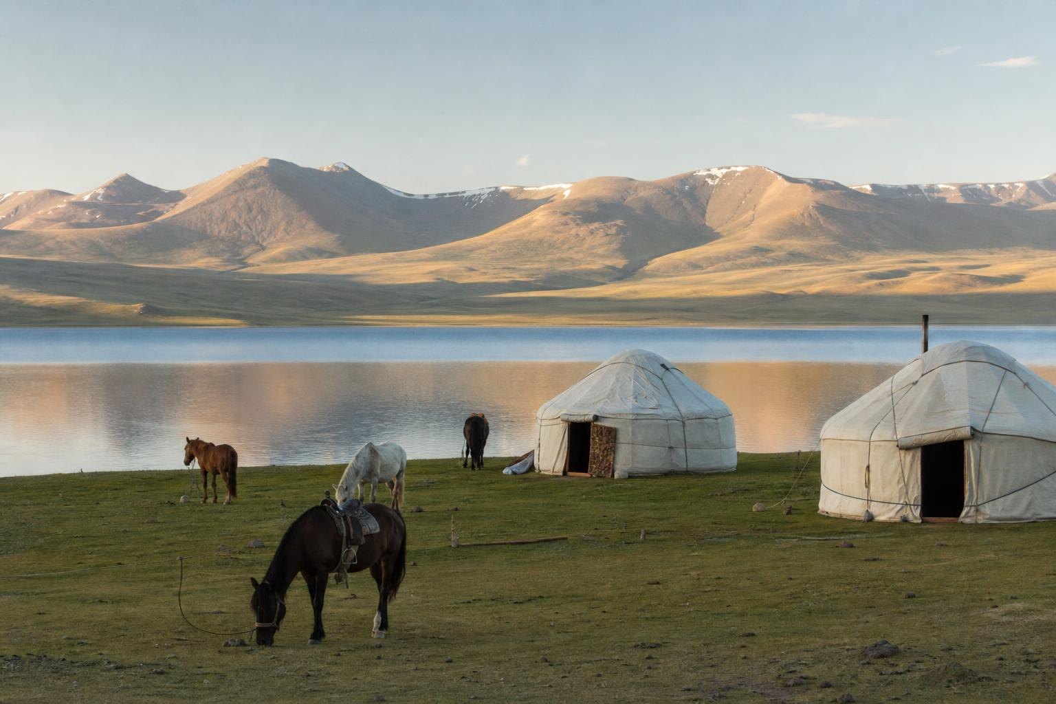 Camp de yourtes traditionnelles au bord d'un lac de montagne au Kirghizistan, chevaux à l'attache