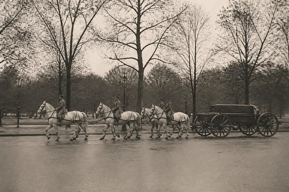Un attelage de chevaux gris montés par des soldats tire un affût de canon portant un cercueil couvert, avenue bordée d'arbres, image sépia
