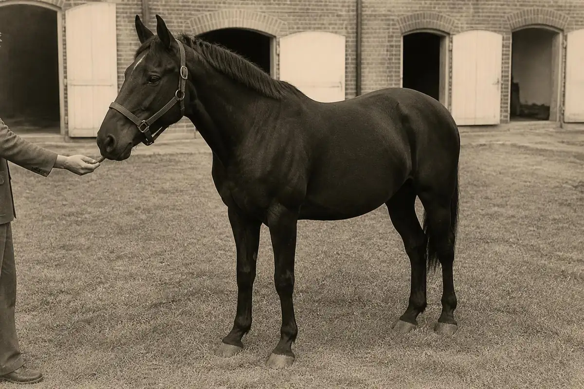 Un vieux cheval noir avec une petite étoile blanche, licol en cuir, devant des écuries en brique aux portes blanches, image sépia