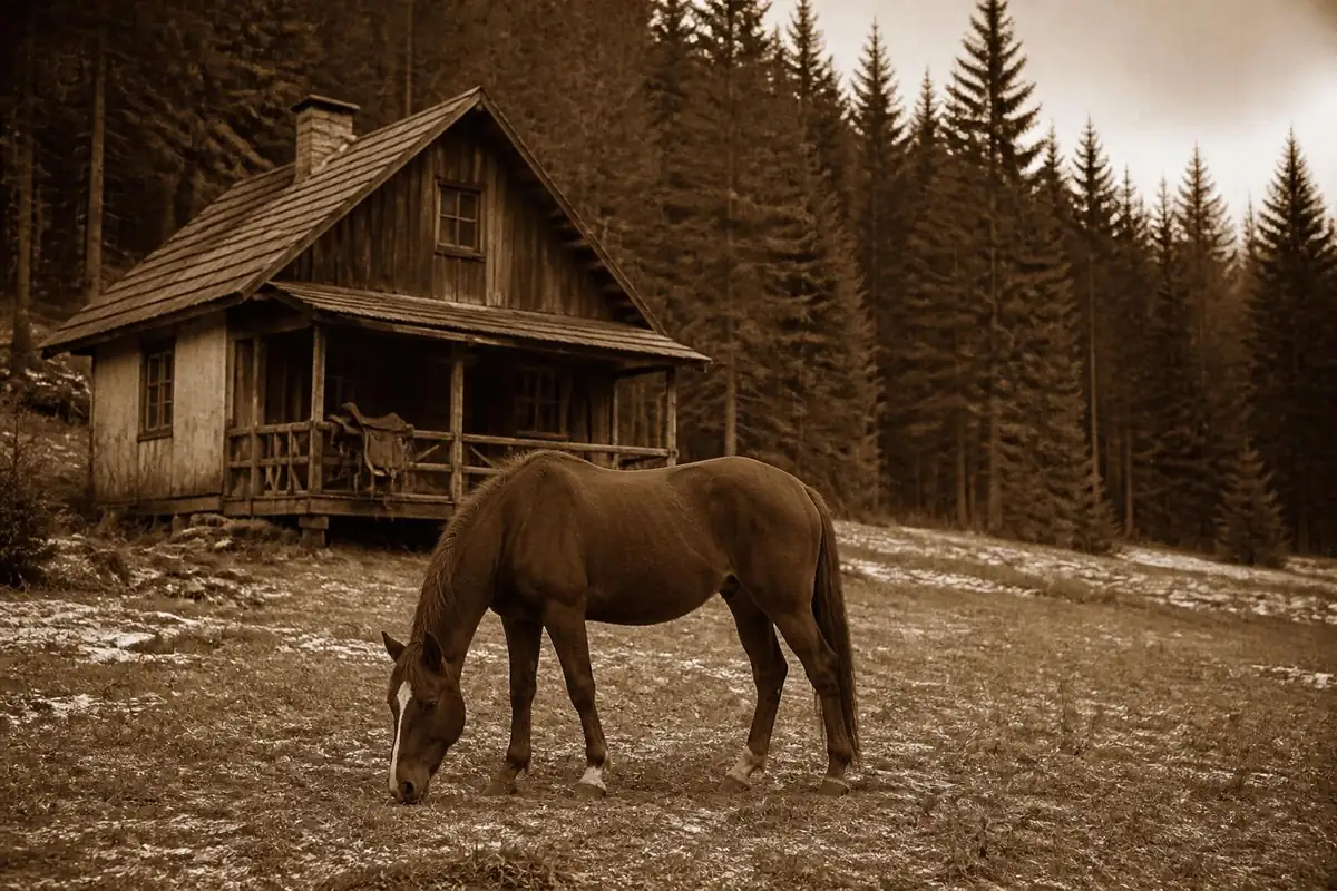 Une maison en bois à l'orée d'une forêt de pins, une vieille selle sur la rambarde, un cheval alezan, image sépia