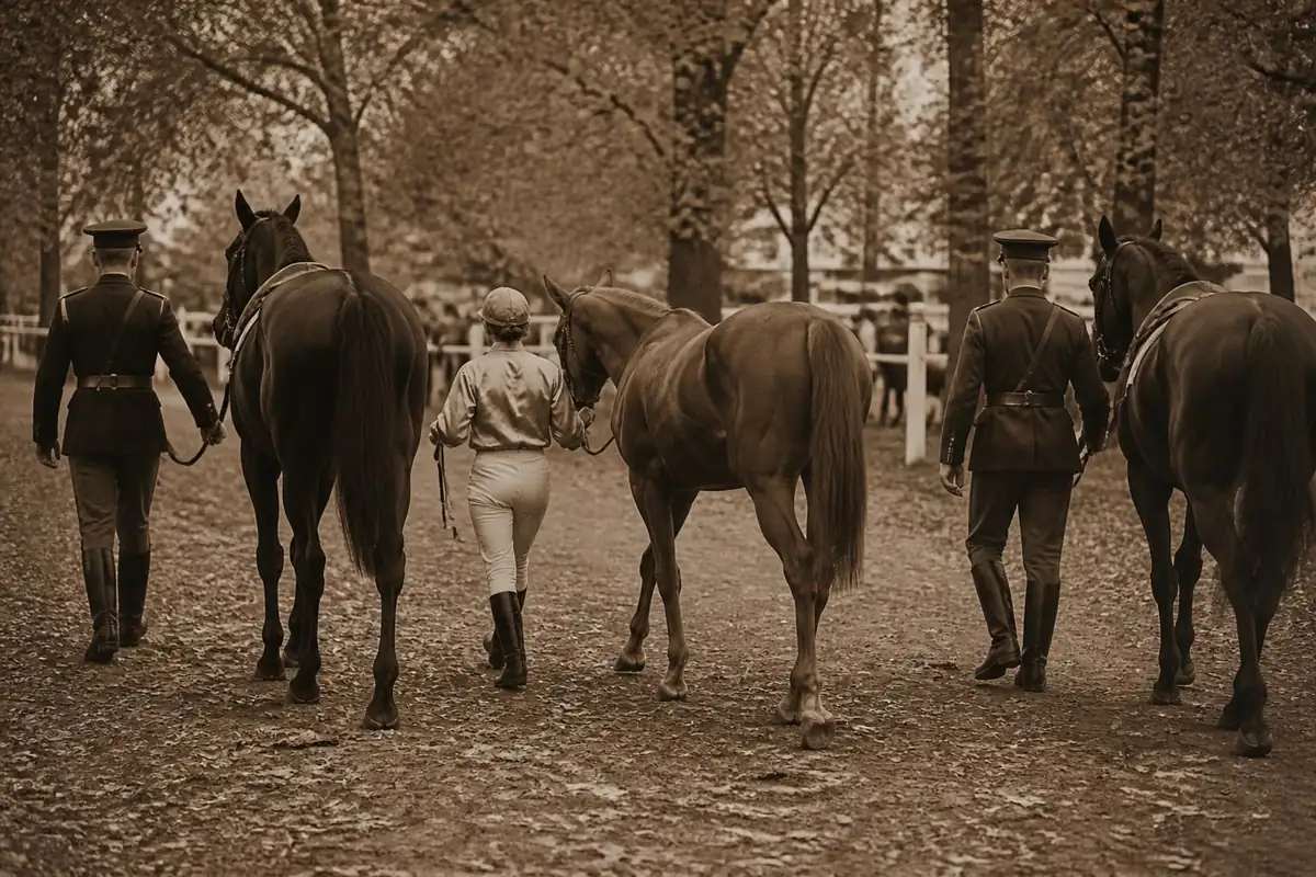 Une cavalière en casaque claire mène une jument alezane au pas, à côté d'officiers en uniforme et leurs chevaux, image sépia