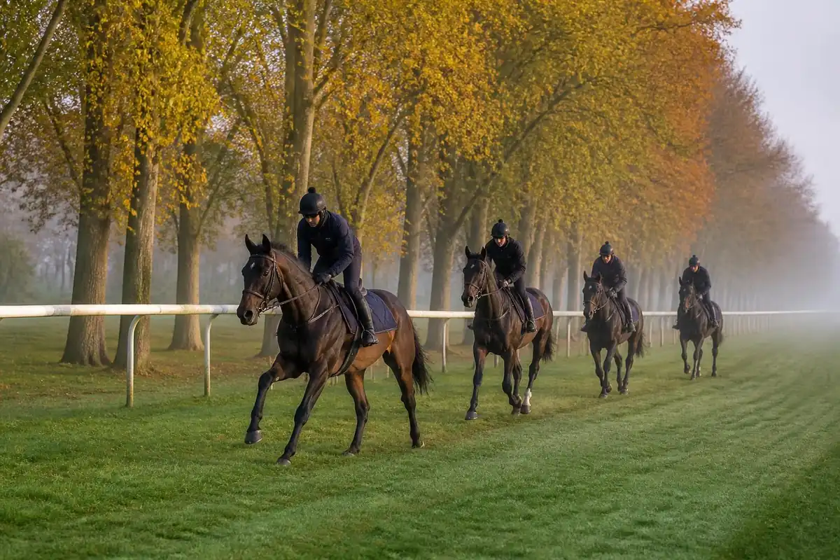 Quatre chevaux de course galopent en file sur une piste en herbe bordée d'arbres d'automne, dans la brume du matin
