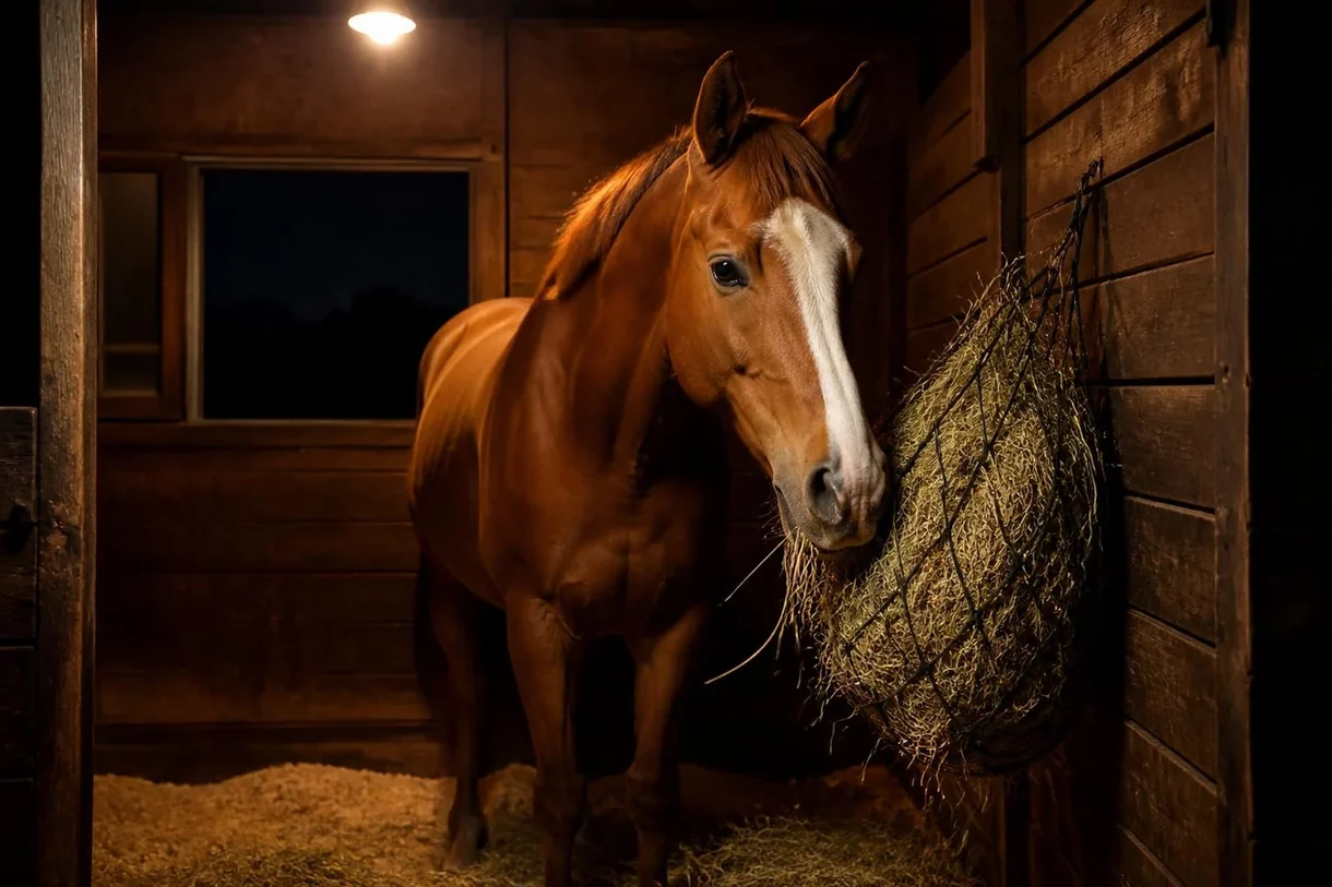 Cheval alezan avec une liste blanche qui mange du foin dans un filet, au box, sous une lampe, nuit noire derrière la fenêtre