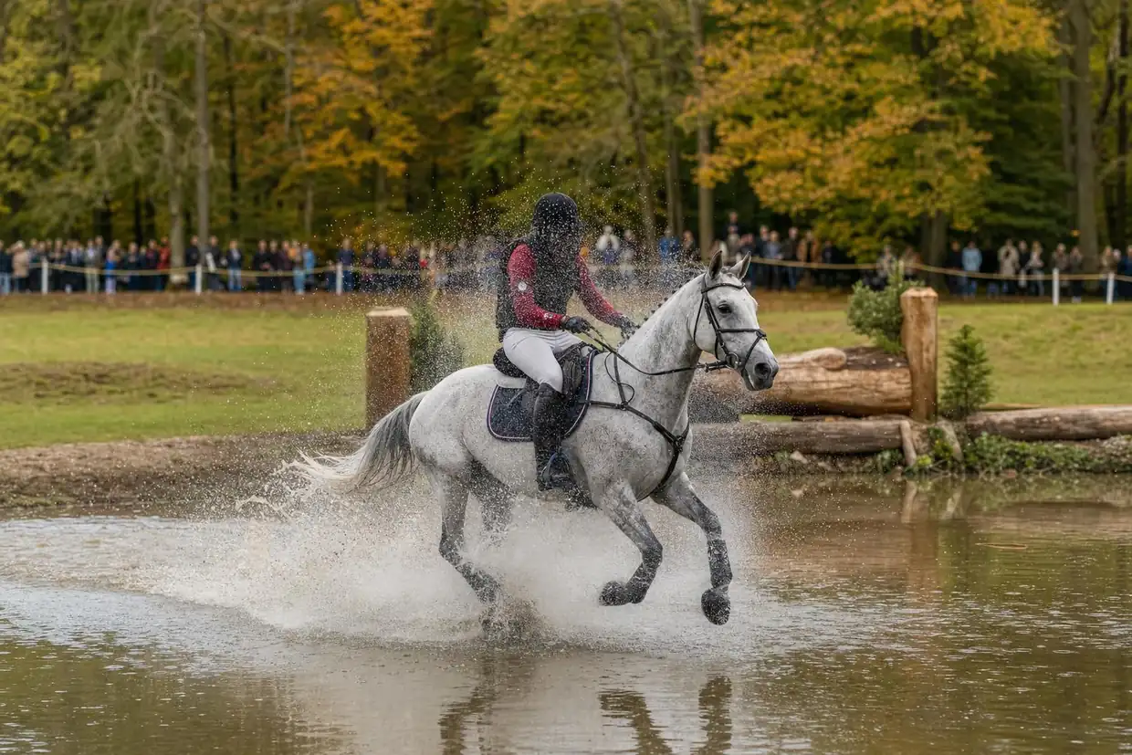 Cheval gris de concours complet entrant au galop dans un passage d'eau en forêt d'automne, gerbes d'eau autour des jambes