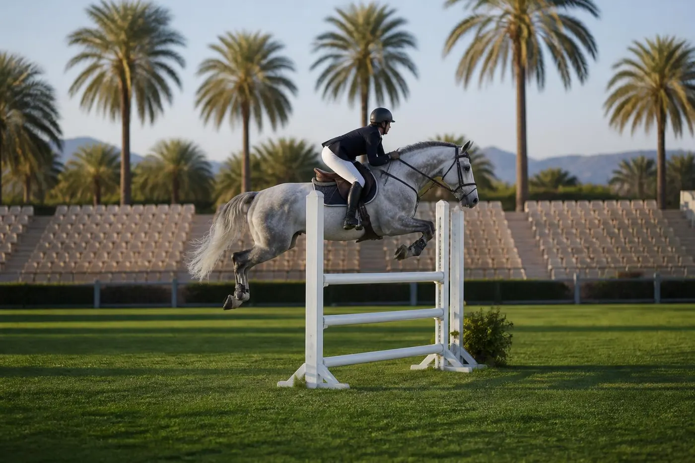 Cheval gris de saut d'obstacles franchissant un vertical blanc sur une piste en herbe bordée de palmiers