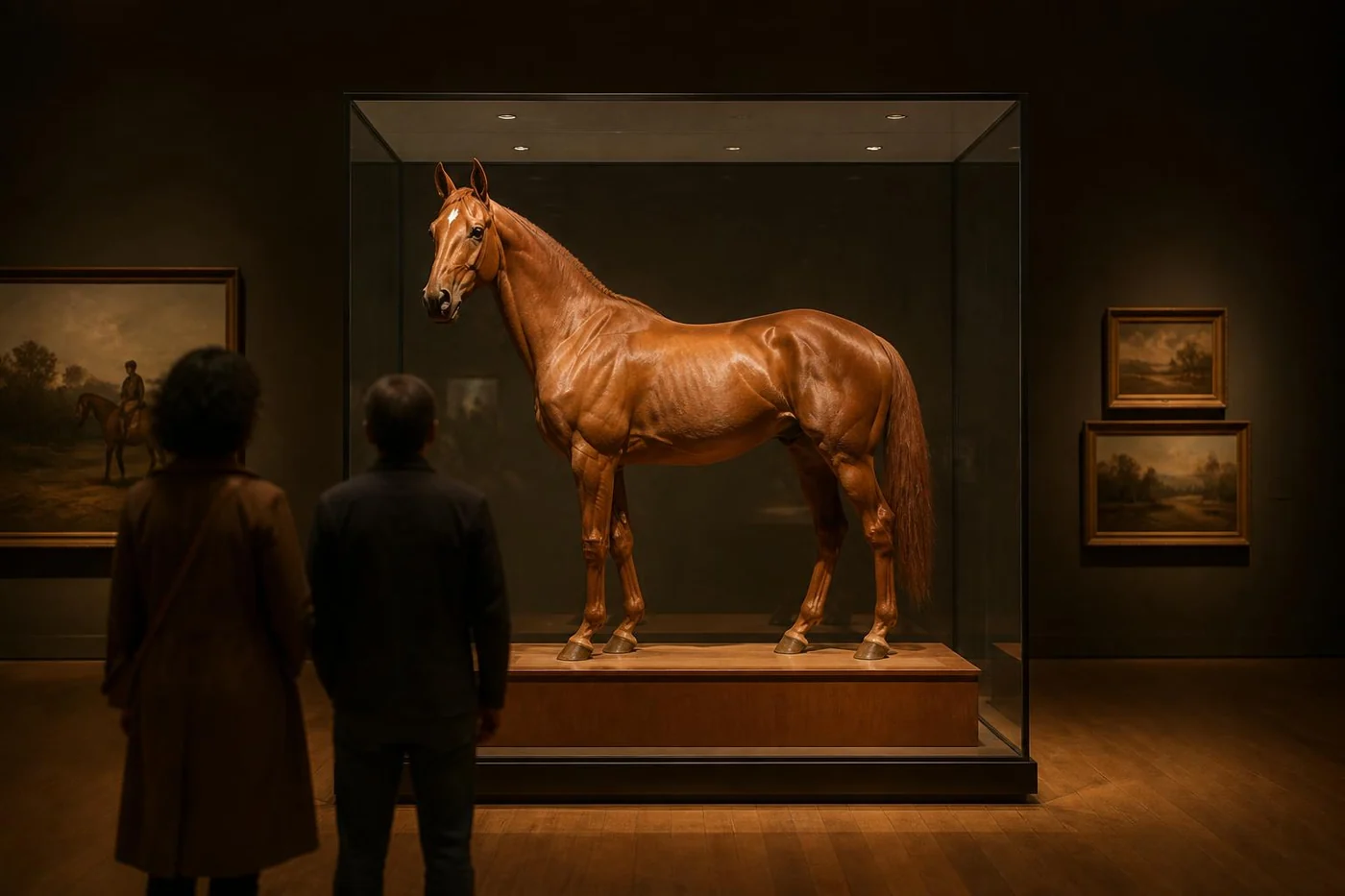 Un cheval alezan naturalisé sous une grande vitrine éclairée dans une salle de musée, deux visiteurs de dos le regardent