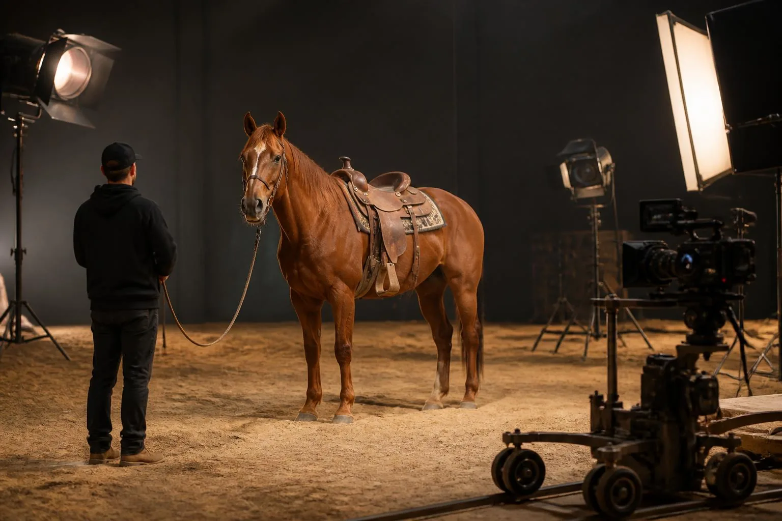 Un cheval alezan sellé en western attend calmement sur un plateau de tournage sablé, un soigneur de dos tient la longe
