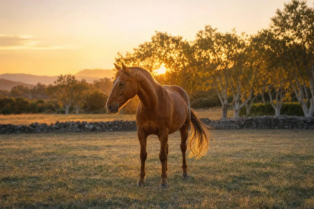 Cheval alezan au pré au coucher du soleil, entouré d'un nuage de minuscules moucherons éclairés en contre-jour