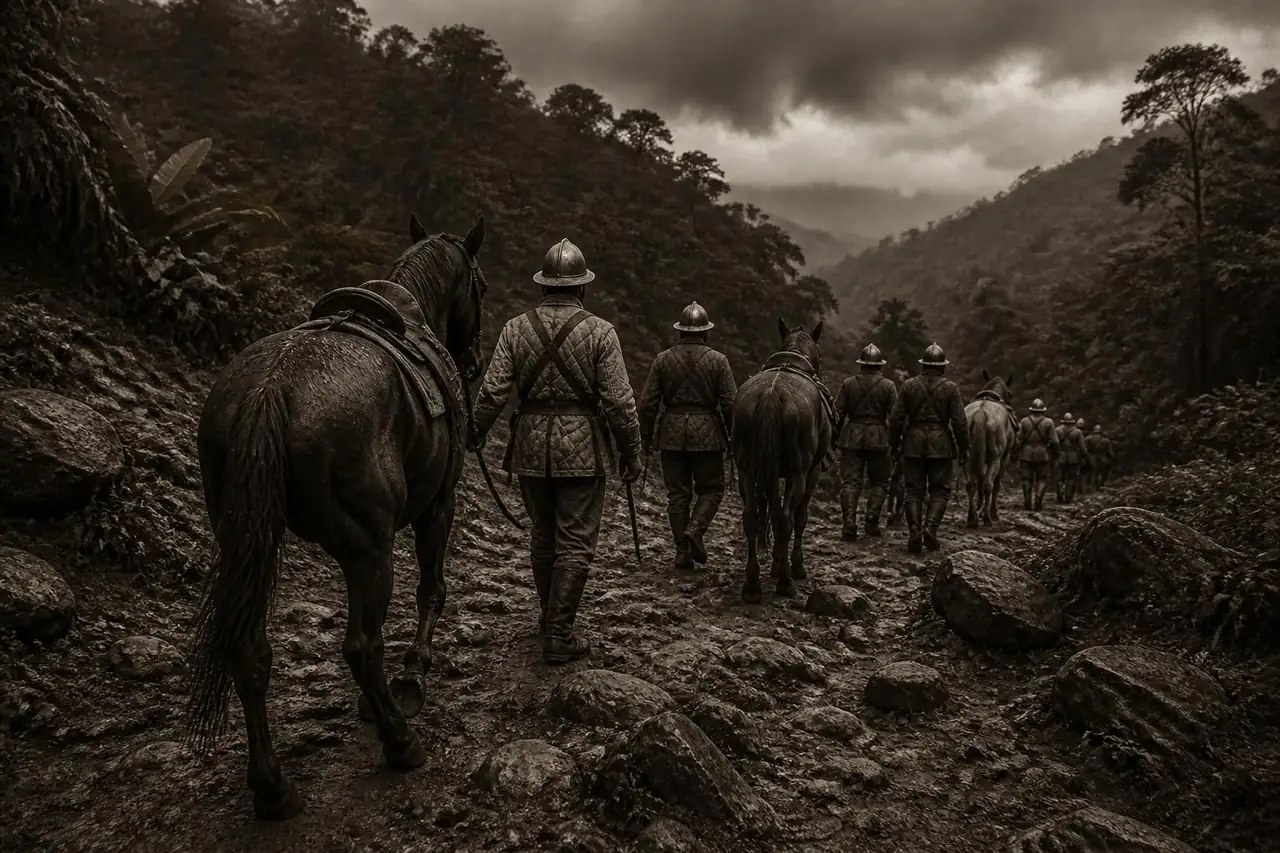 Colonne de soldats espagnols du XVIe siècle menant leurs chevaux à pied dans des collines pierreuses de jungle, sépia