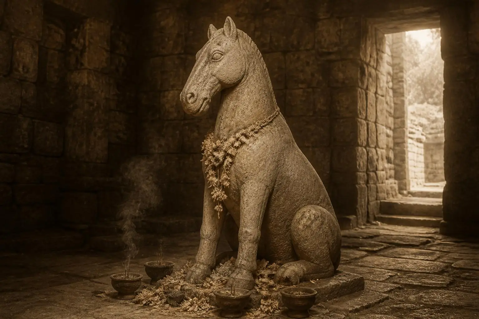 Statue de pierre d'un cheval assis sur son arrière-train dans un temple maya, guirlande de fleurs et encens, sépia