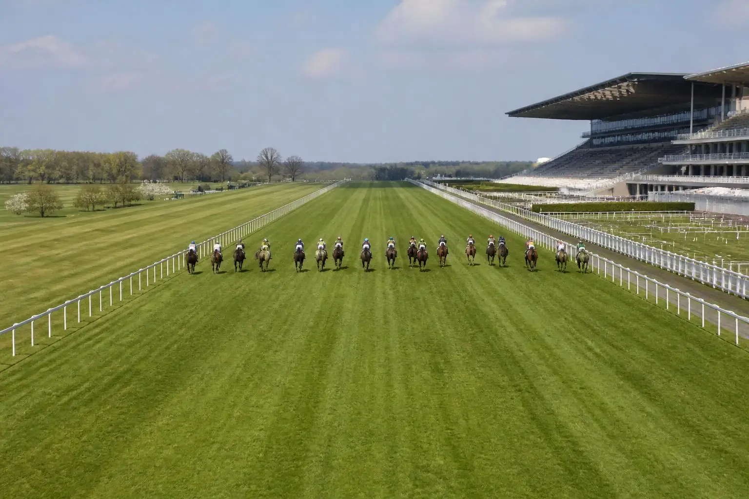 Chevaux de course étalés sur toute la largeur d'une très longue ligne droite en herbe, une grande tribune sur le côté