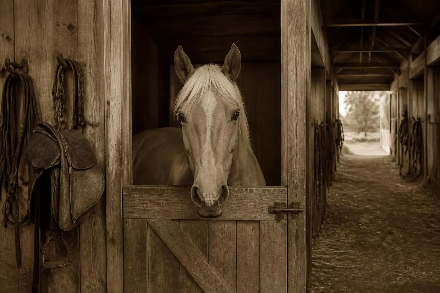 Photographie sépia d'une écurie en bois des années 1960, un cheval palomino passe la tête par la porte de son box