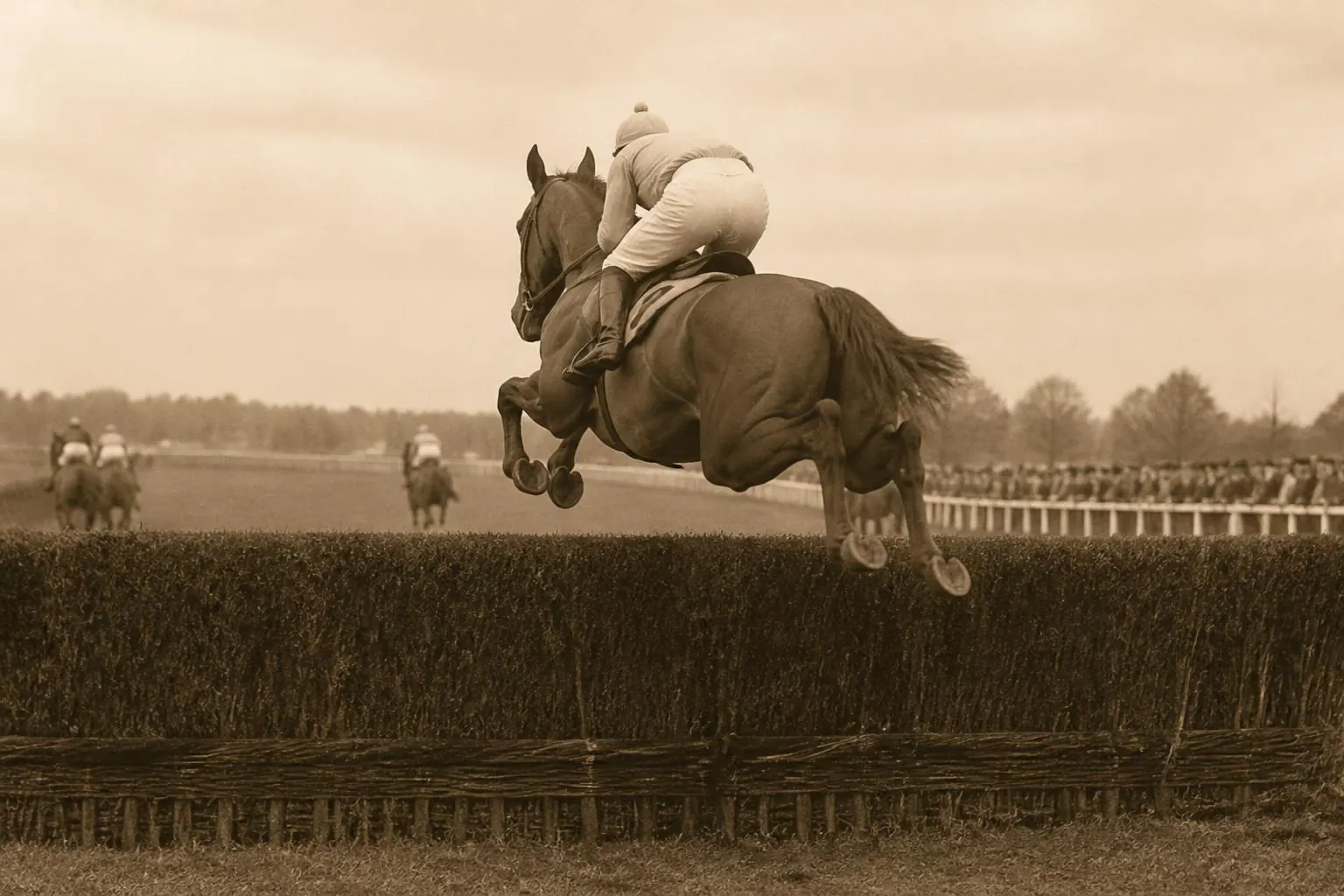 Un cheval de course alezan saute une haie de brande sur un parcours de steeple, jockey vu de dos, photo sépia années 1940