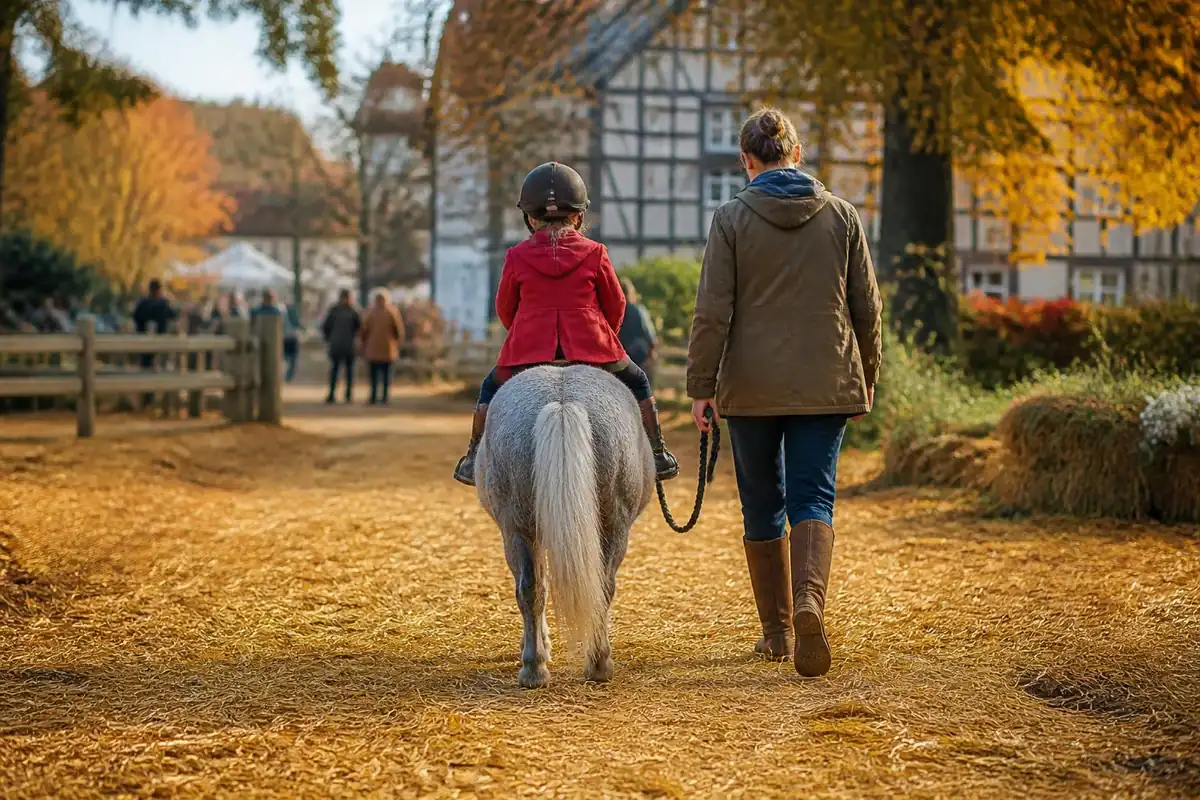 Un enfant en manteau rouge et bombe noire fait son premier tour sur un poney gris tenu en longe, sous les arbres d'automne