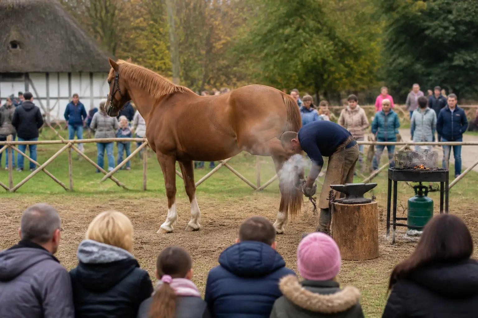 Un maréchal-ferrant pose un fer chaud sur le sabot d'un cheval alezan devant des familles, forge et enclume à ses côtés