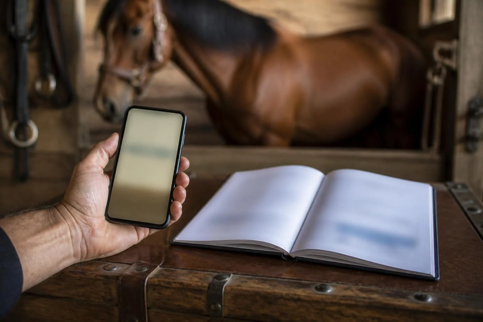 Passeport de cheval et smartphone sur une malle de pansage