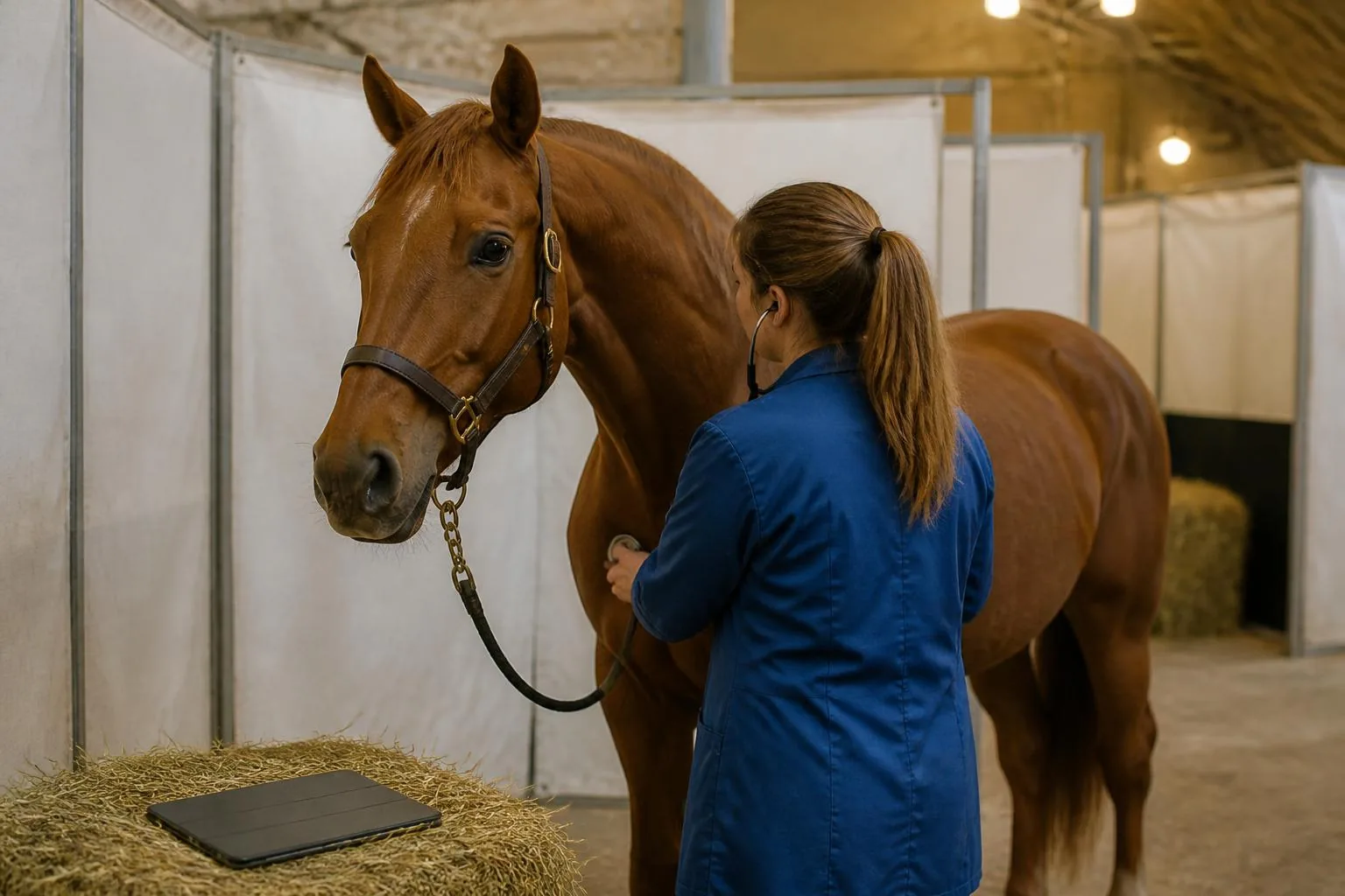 Vétérinaire auscultant un cheval de concours devant son box