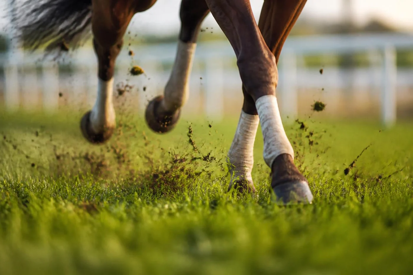 Gros plan des membres bandés d'un pur-sang au galop qui frappent un gazon humide en projetant des mottes de terre