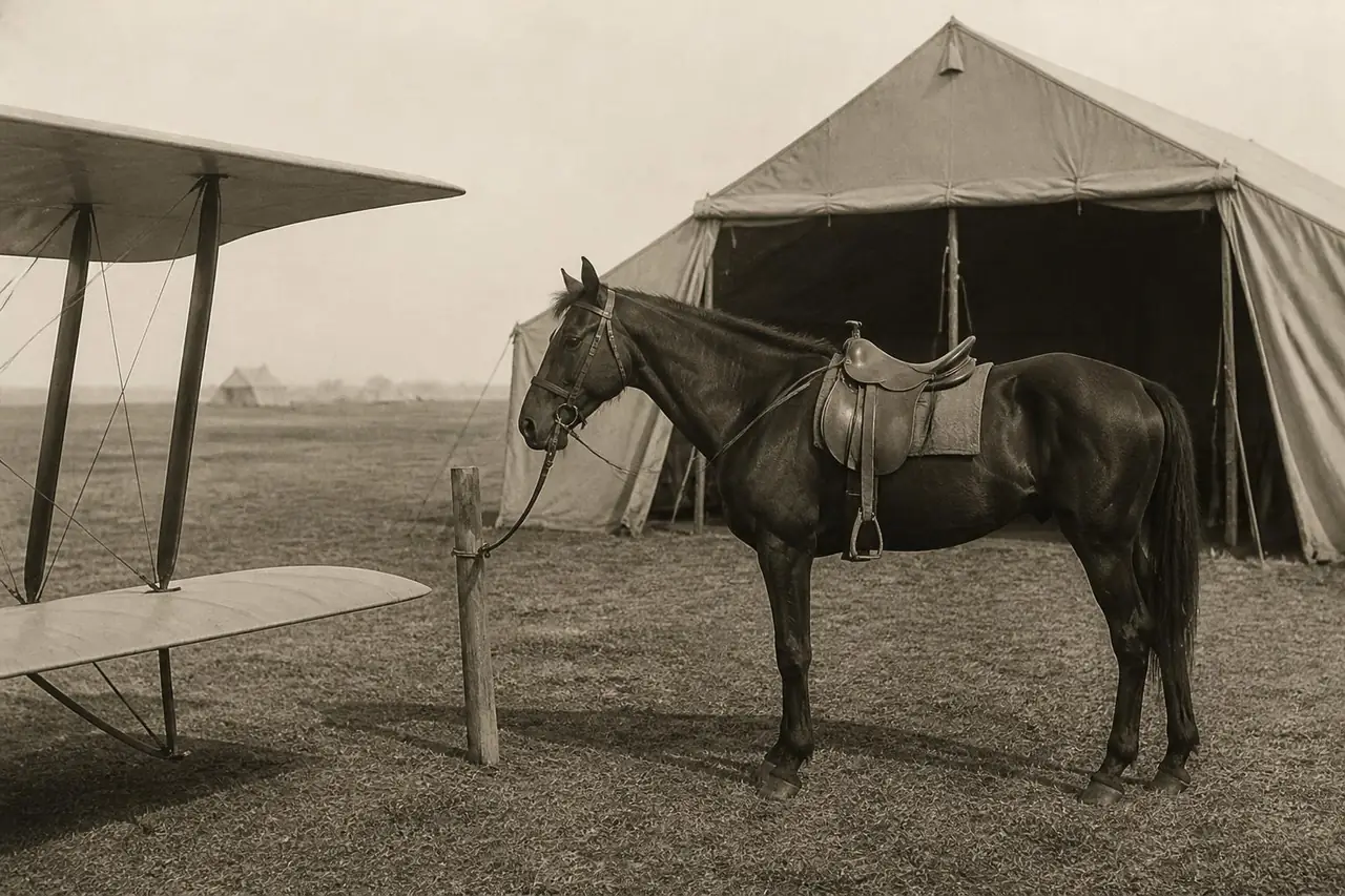 Cheval noir sellé attaché devant un hangar de toile sur un terrain d'aviation de 1917, photo sépia