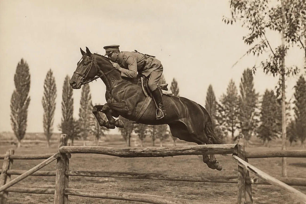 Officier de cavalerie des années 1910 sautant une barrière sur un cheval bai, assis en avant, photo sépia