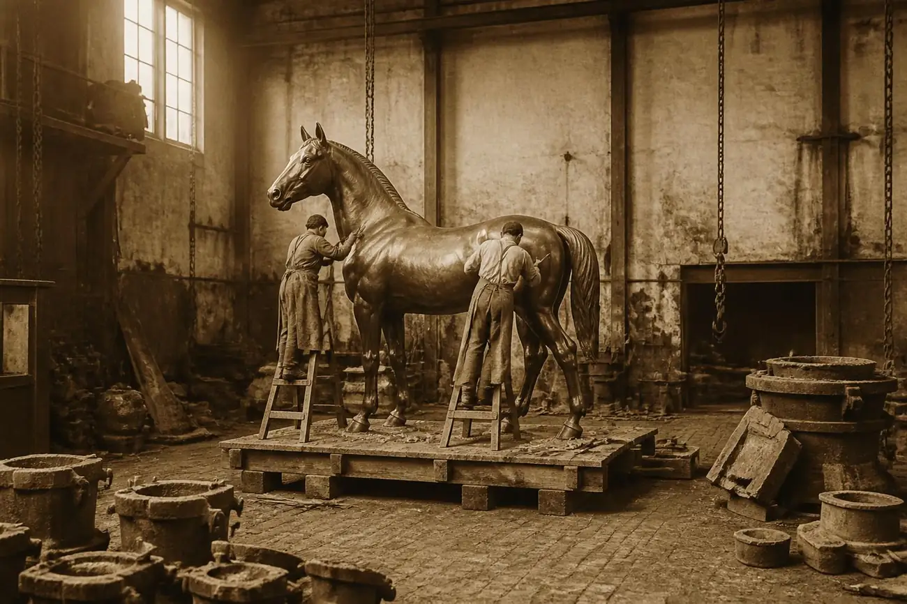 Photo sépia d'une fonderie ancienne : deux ouvriers de dos ciselent un grand cheval de bronze sans cavalier