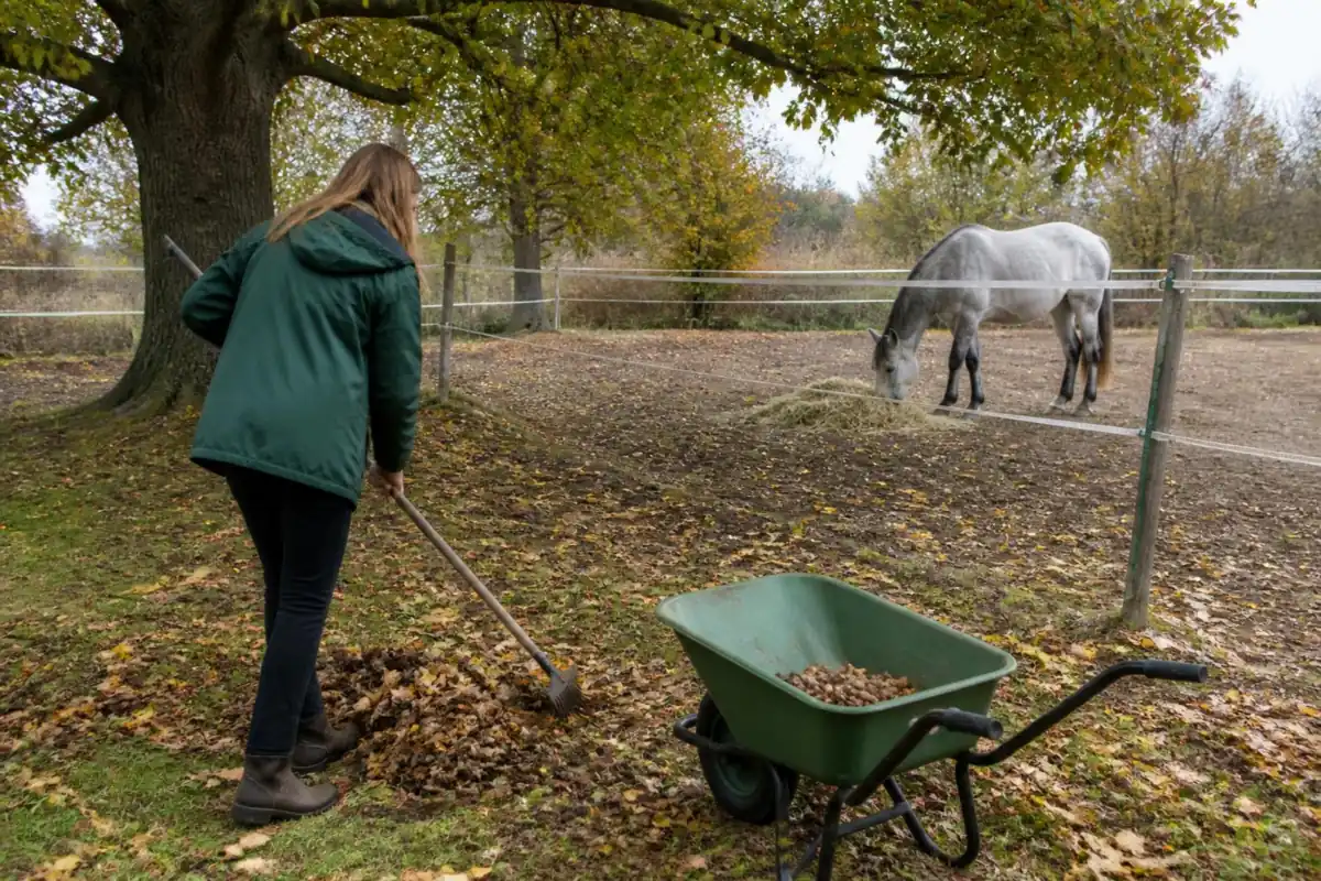 Une cavalière ratisse les glands sous un grand chêne pendant qu'un cheval gris mange du foin derrière un ruban électrique