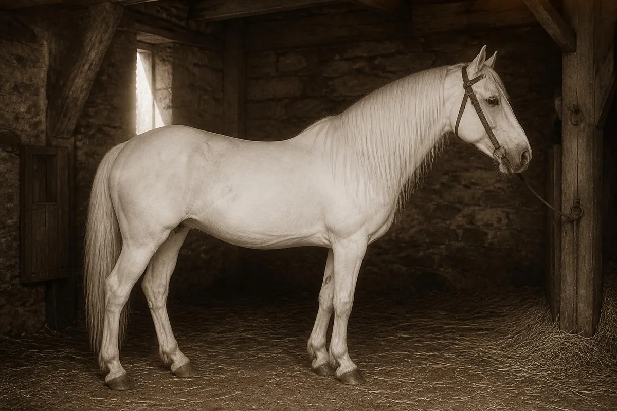 Cheval blanc à longue crinière, bride de cuir simple, debout dans une écurie médiévale de pierre et de bois, sépia