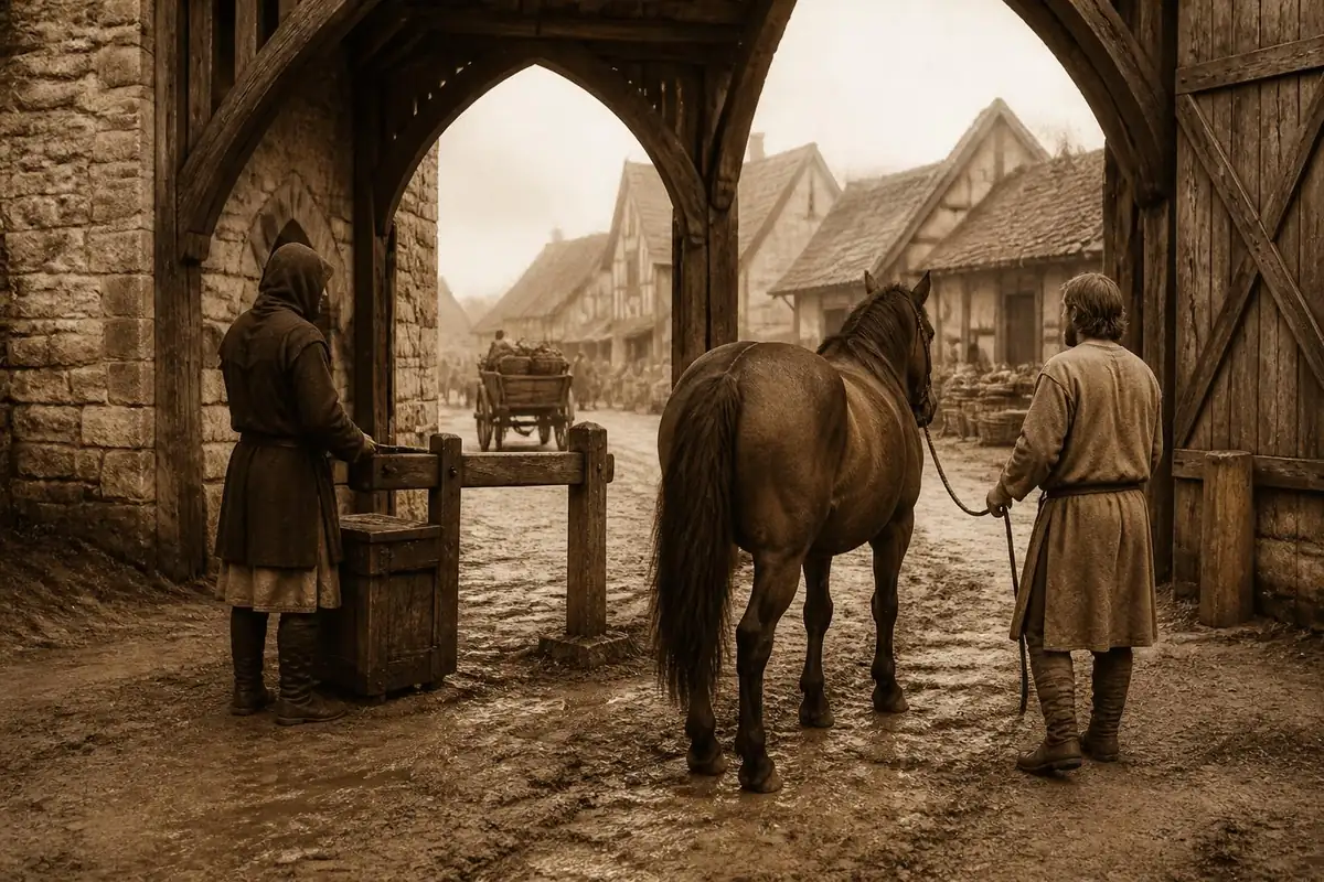 Paysan menant un cheval bai à la barrière de péage d'une porte de ville médiévale, gardien près d'un coffre, sépia