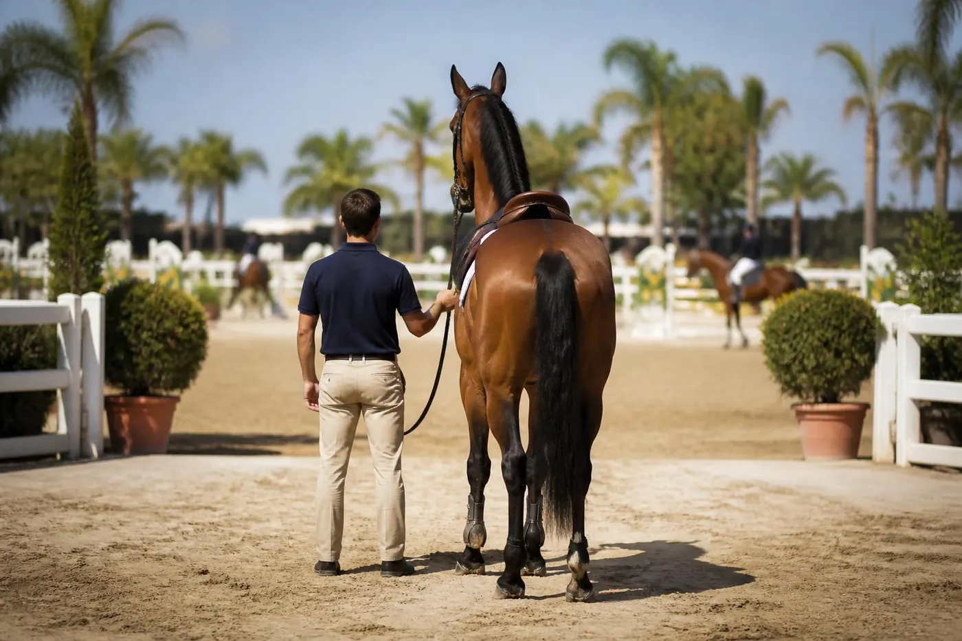 Un groom vu de dos tient un cheval bai sellé et guêtré à l'entrée d'une carrière de détente bordée de palmiers