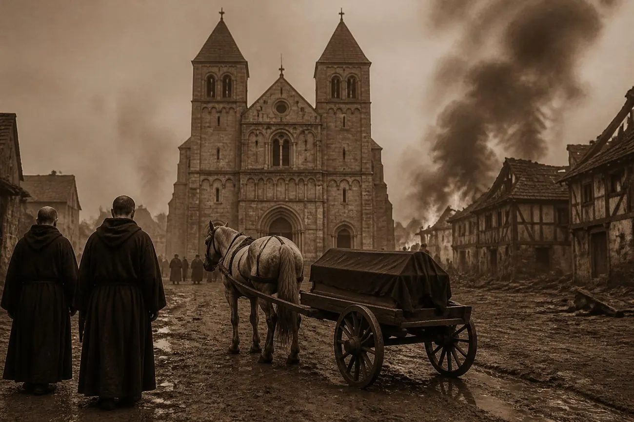 Une charrette funéraire tirée par un cheval gris devant une abbaye romane, des fumées d'incendie à côté, image sépia