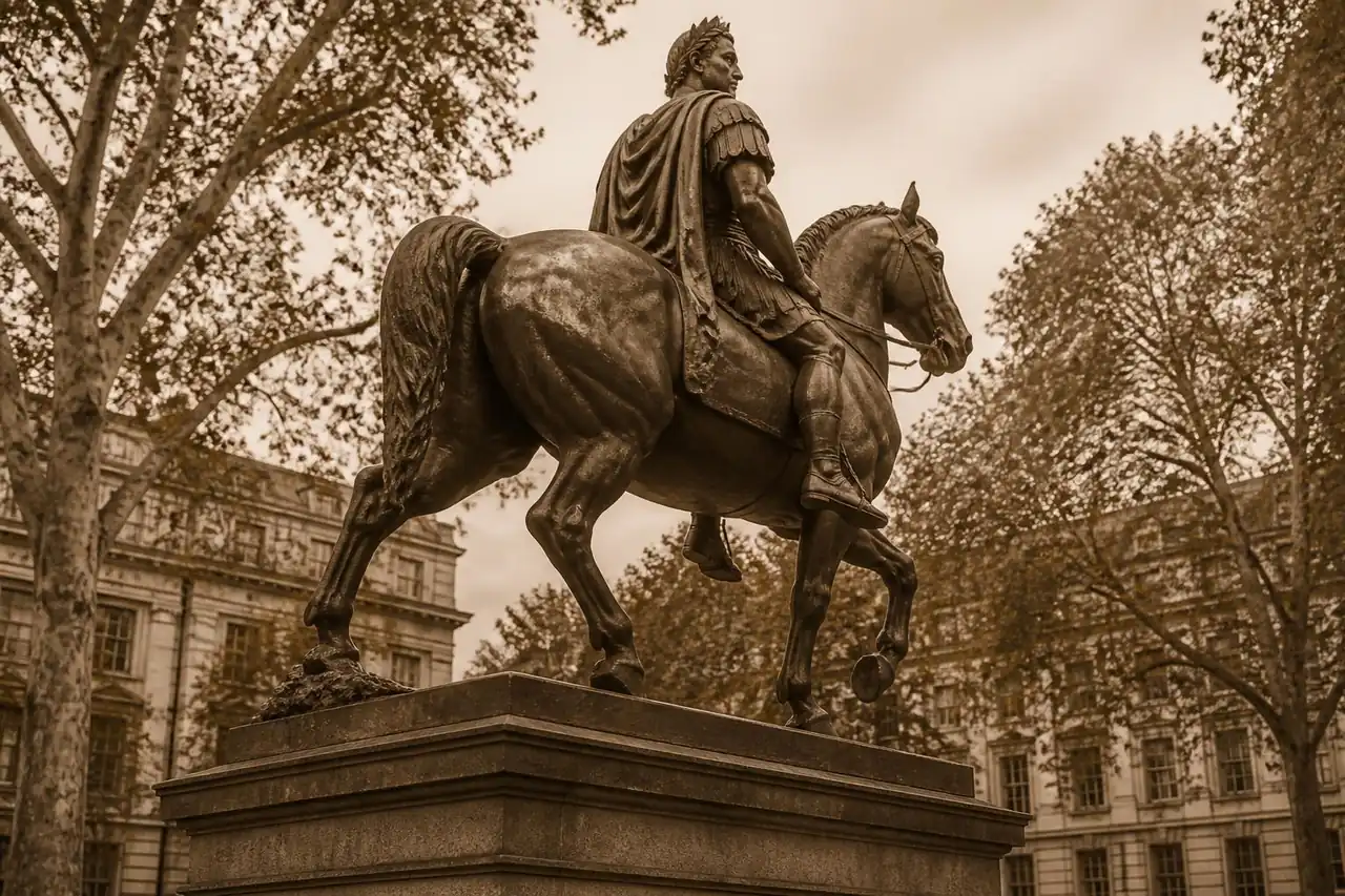 Statue équestre en bronze dans un square londonien, une petite taupinière sculptée sous un sabot arrière du cheval, sépia