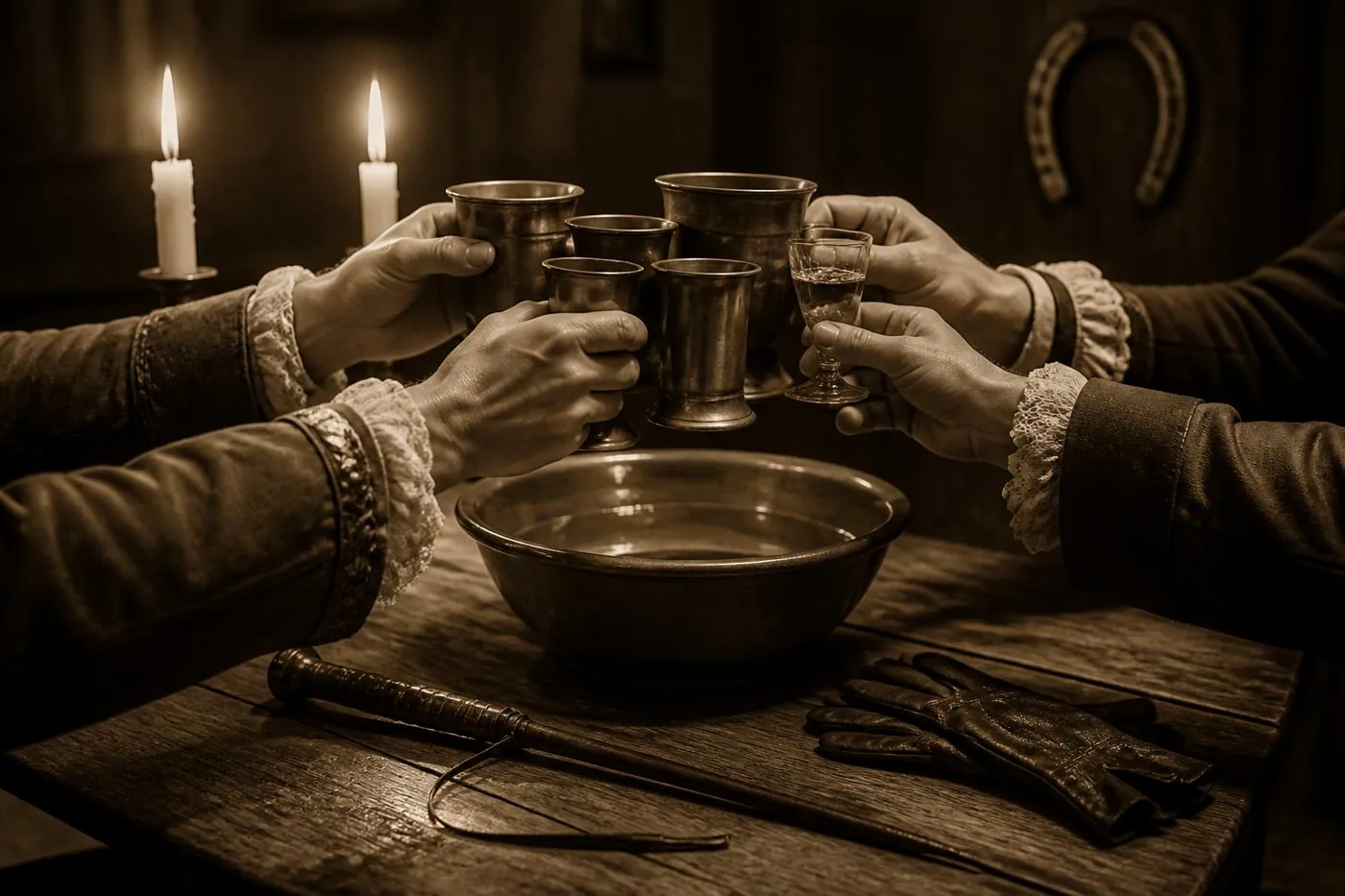 Mains en manchettes de dentelle levant des gobelets d'étain au-dessus d'un bol d'eau, cravache et gants sur une table, sépia