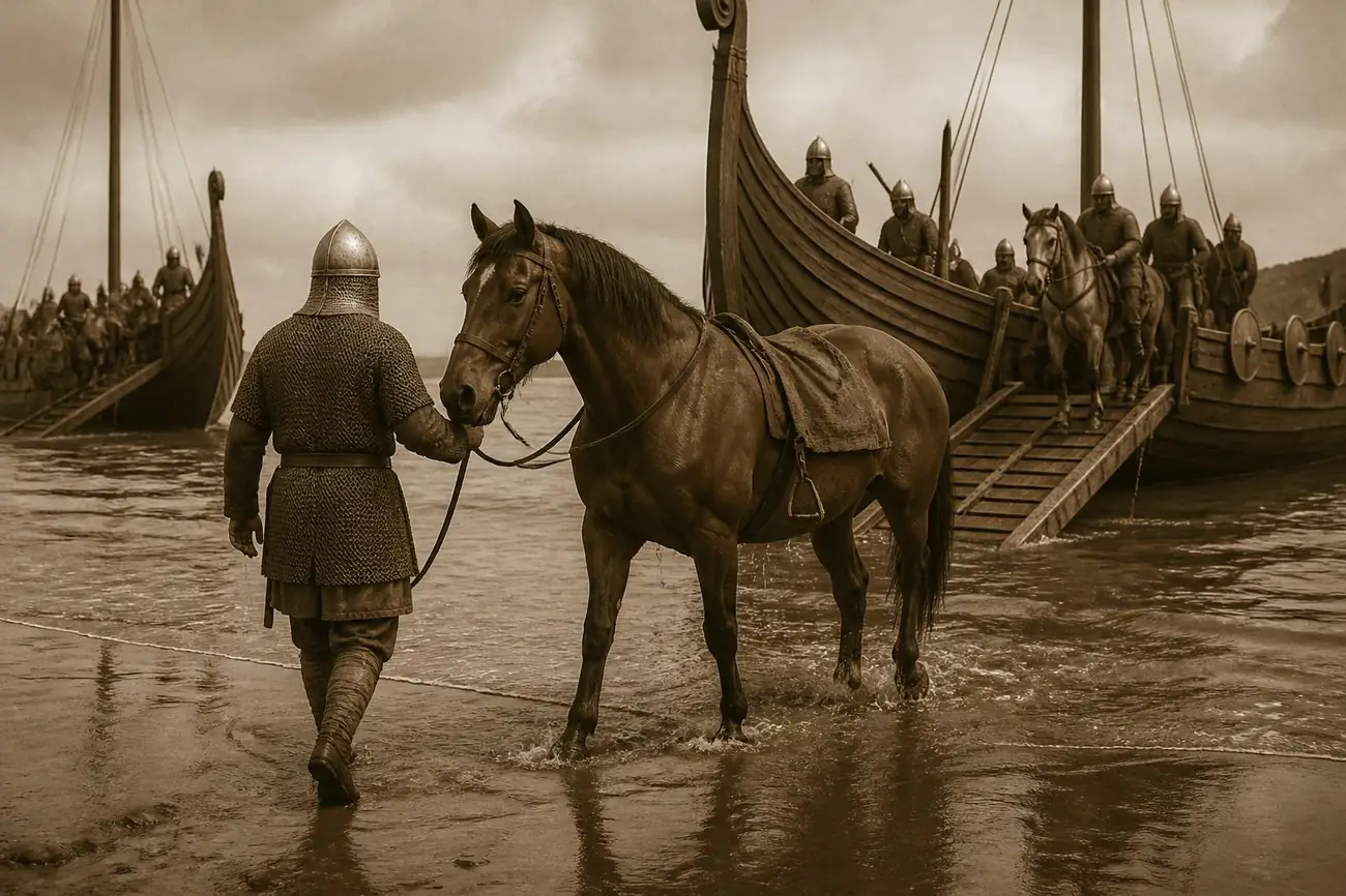 Des soldats normands en cotte de mailles débarquent des chevaux de leurs navires sur une plage, image sépia