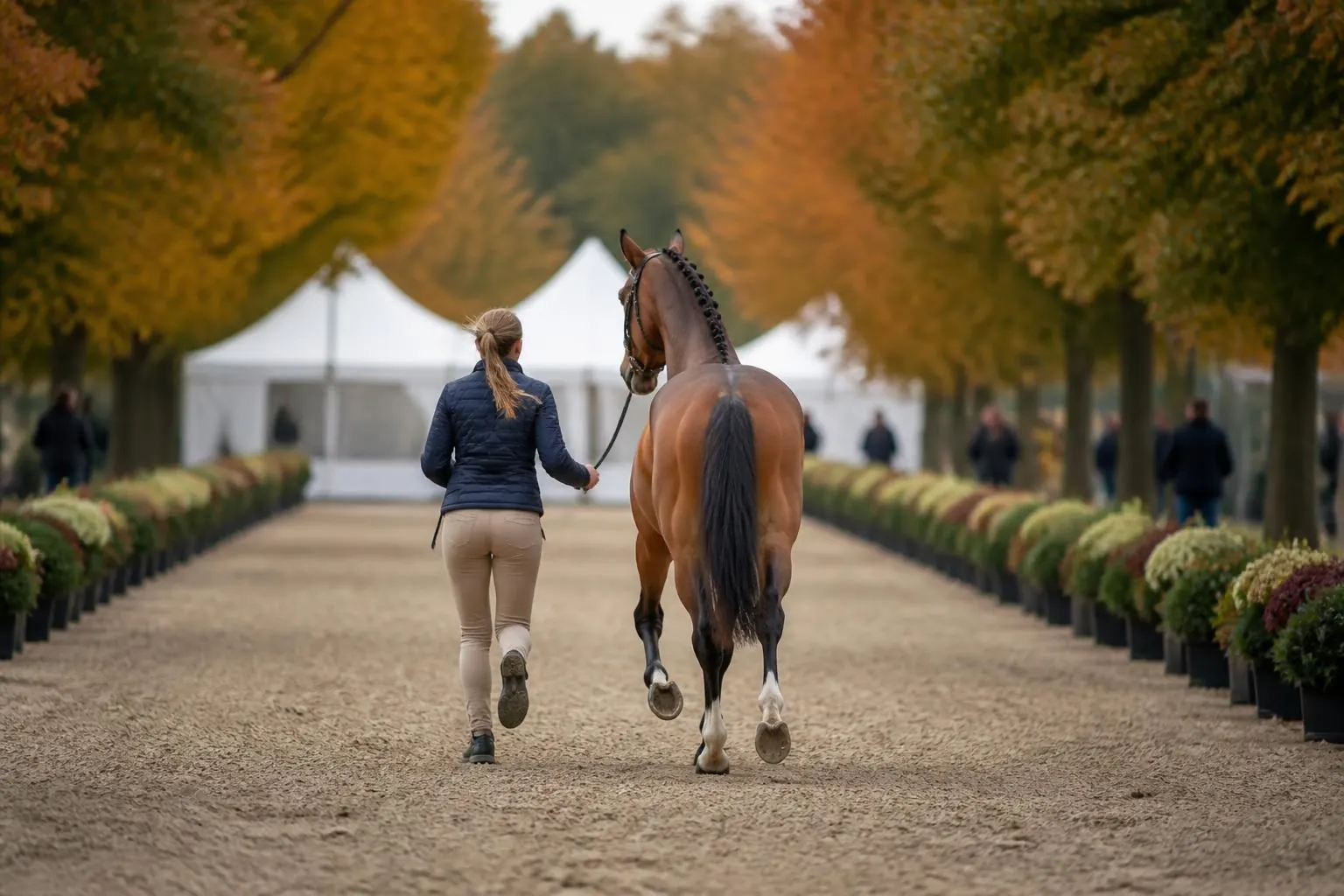 Une cavalière de dos présente au trot en main un cheval bai tressé sur une allée de sable bordée d'arbres d'automne