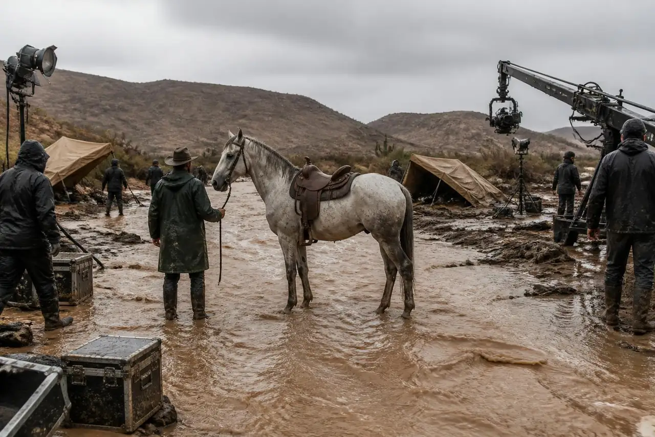 Un cheval gris sellé attend, tenu en main, au milieu d'un plateau de tournage inondé de boue dans un désert espagnol