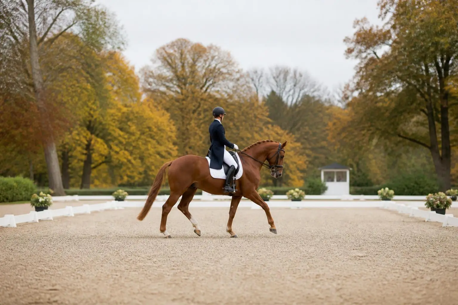 Jeune cheval alezan tressé au trot rassemblé dans une carrière de dressage à lices blanches, arbres d'automne au fond