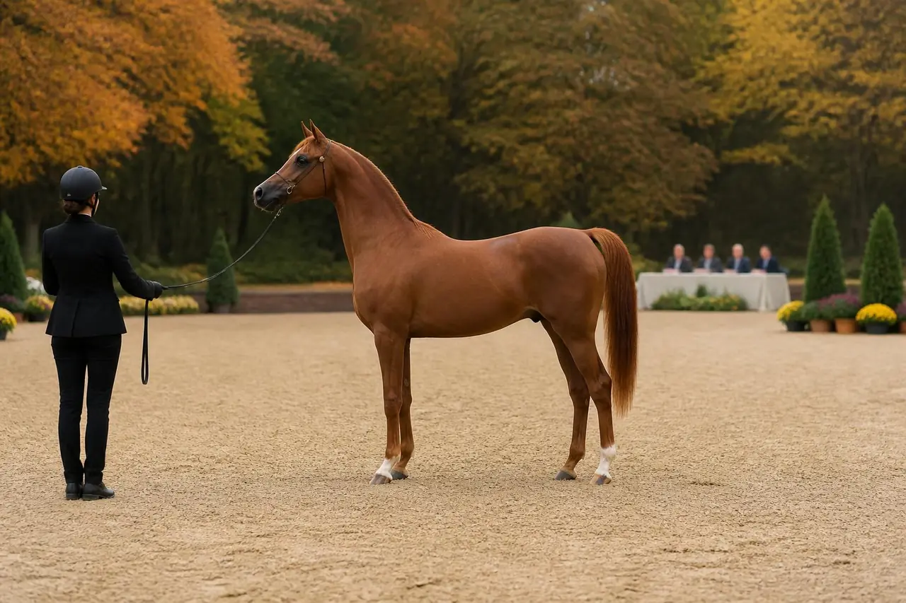 Jeune cheval arabe alezan présenté à l'arrêt en main sur une carrière sablée, présentatrice casquée de dos