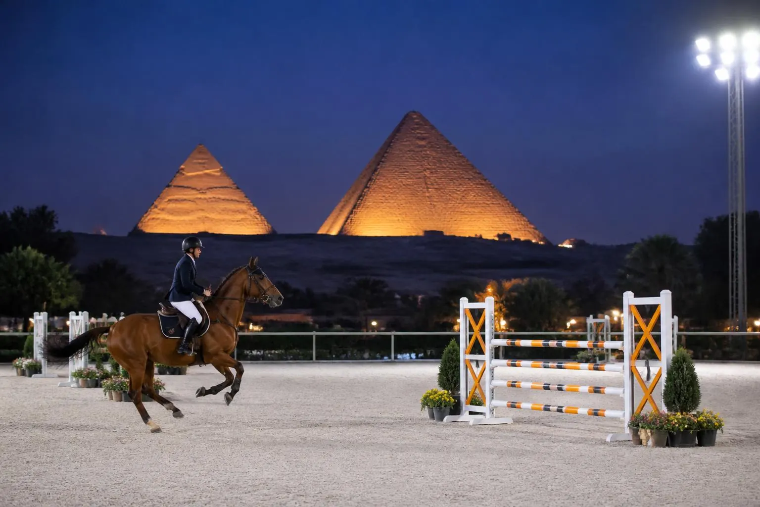 Cheval bai et son cavalier au galop vers un obstacle sur une piste éclairée la nuit, pyramides de Gizeh illuminées au fond