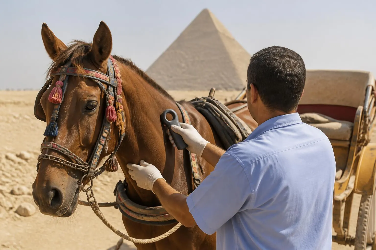 Vétérinaire en gants scannant la puce d'un cheval alezan harnaché devant une calèche, pyramide en arrière-plan