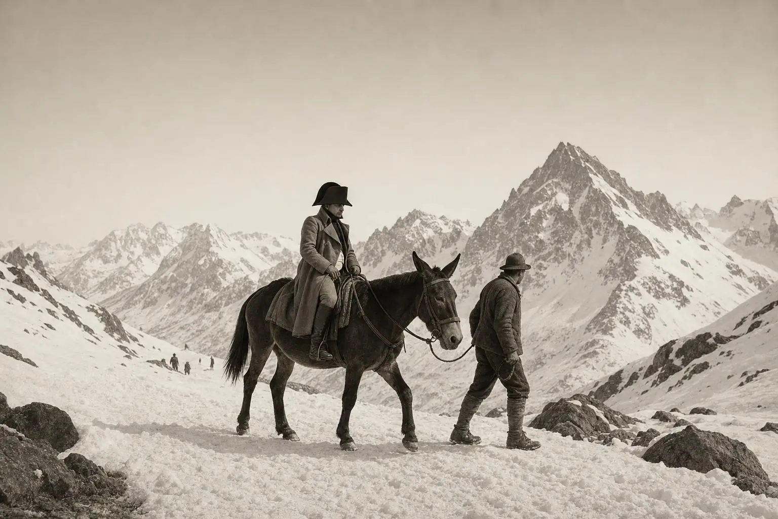 Officier en bicorne et redingote grise sur une mule brune menée à pied par un guide, sentier enneigé et sommets alpins