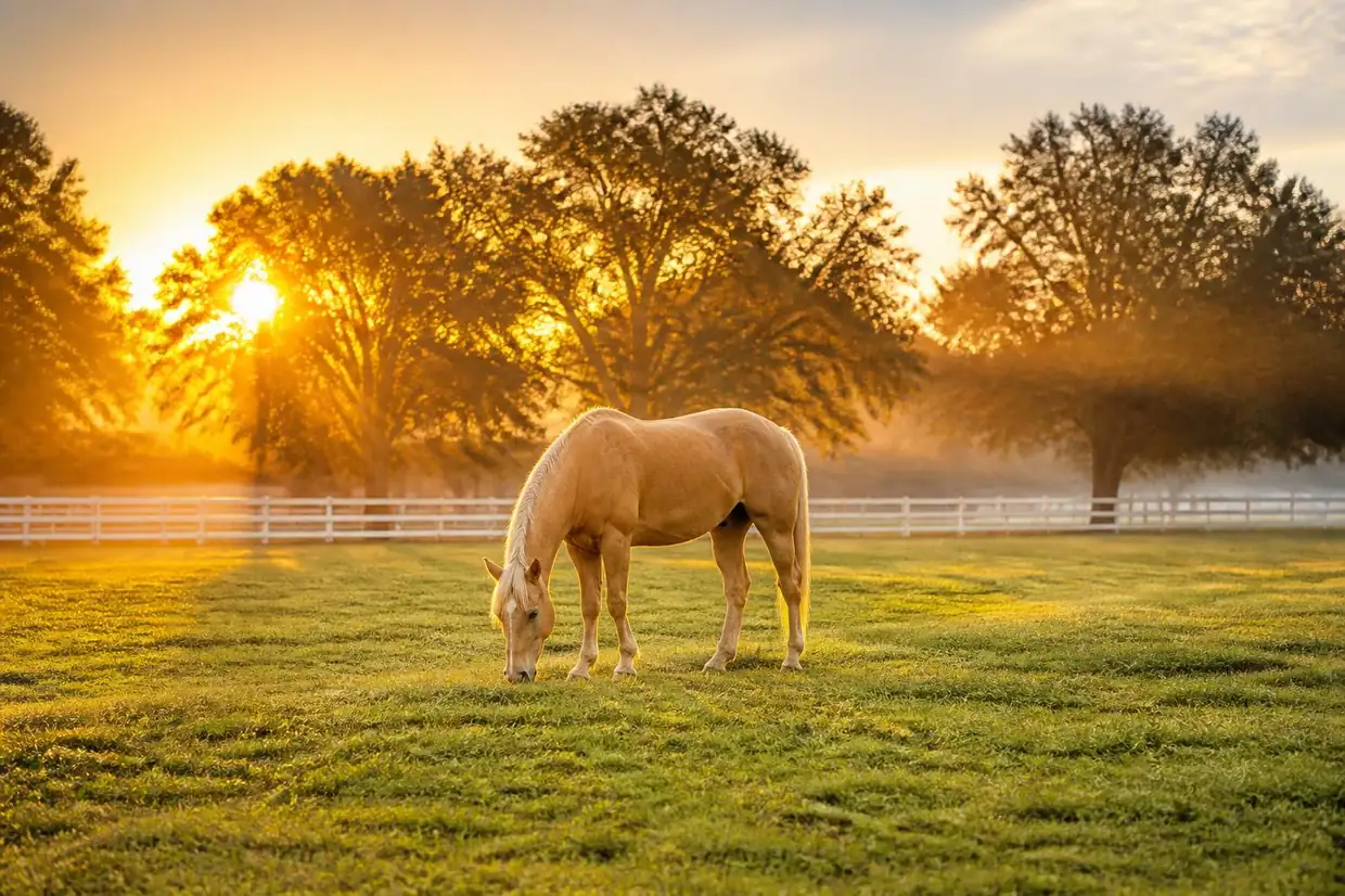 Un cheval palomino broute dans un pré bordé d'une clôture blanche, au lever du soleil, dans la brume du matin