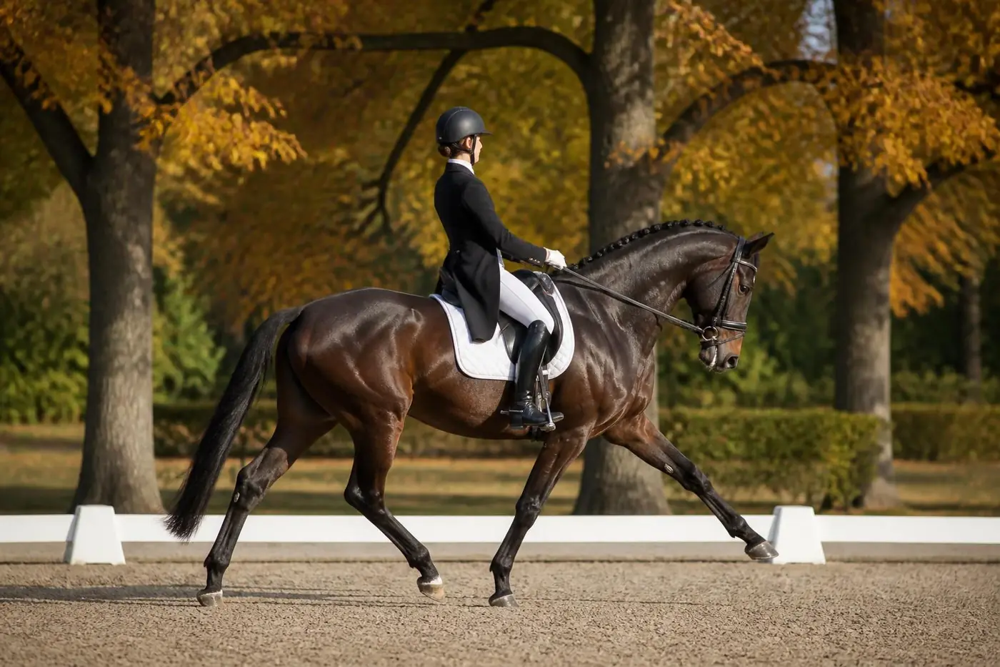 Un cheval bai brun tressé en trot allongé dans une carrière de dressage en sable, cavalière en frac noir, arbres d'automne