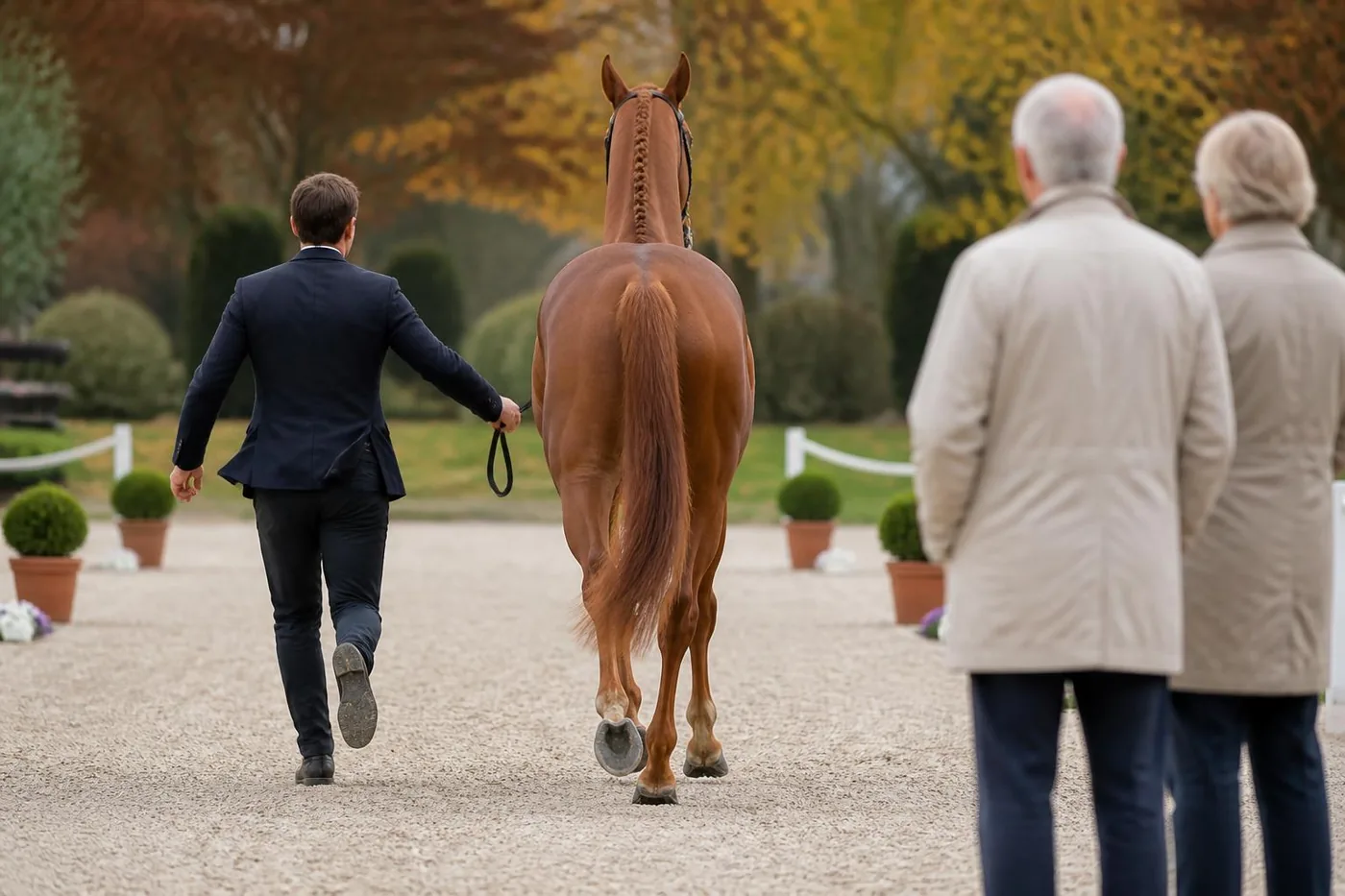 Un homme en veste sombre présente au trot un cheval alezan tressé sur une piste de gravier, deux vétérinaires de dos