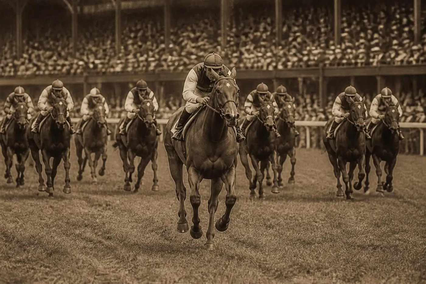 Photographie sépia d'une course de galop des années 1930, un grand cheval alezan en tête du peloton devant une tribune comble