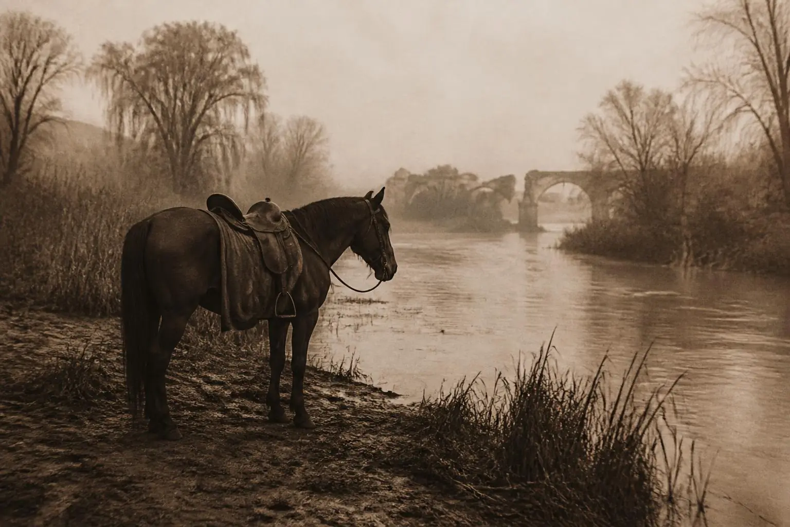 Un cheval bai sellé, sans cavalier, seul sur la berge d'une rivière dans la brume, pont de pierre brisé au loin, sépia