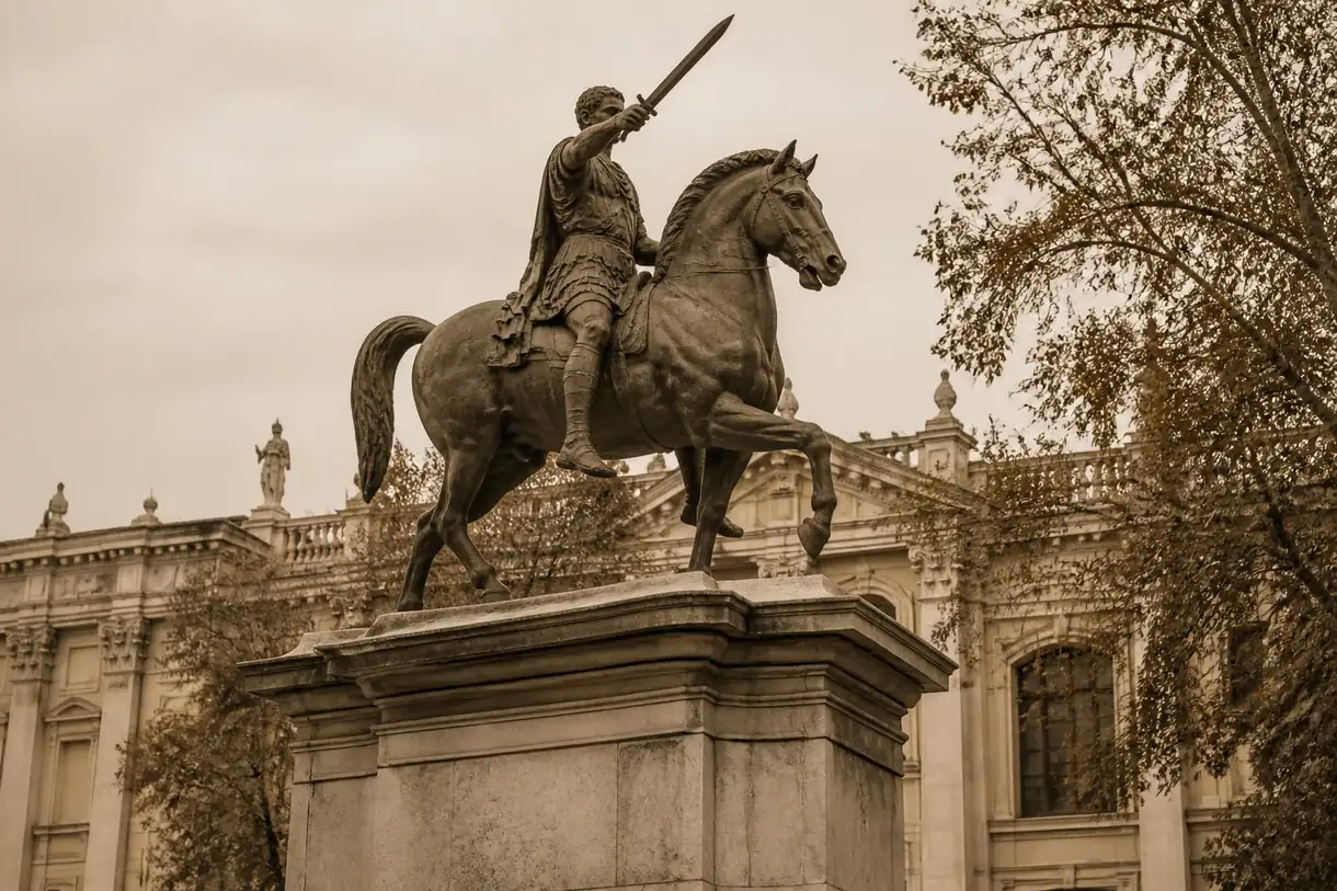 Statue équestre en bronze d'un cavalier en costume romain, épée levée, devant un palais néoclassique, image sépia
